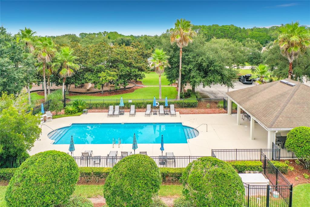 An elevated view of a rectangular swimming pool surrounded by lounge chairs and palm trees — 5516 WINDSONG OAK DRIVE, LEESBURG, FL