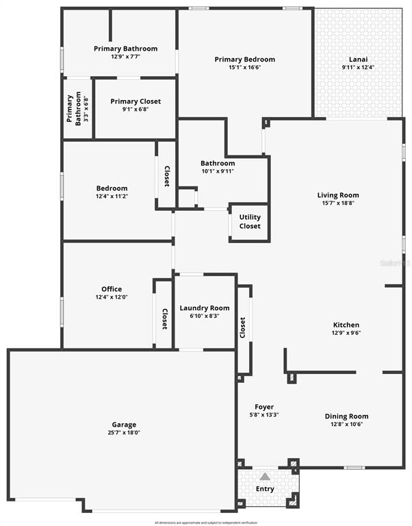This is a floor plan of a home featuring a garage, three bedrooms, and a lanai — 5516 WINDSONG OAK DRIVE, LEESBURG, FL