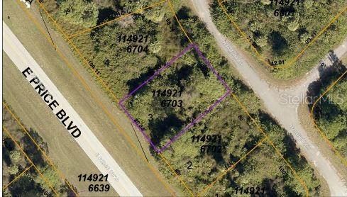 An aerial map view shows a vacant rectangular lot outlined in purple near a road — MANSFIELD CIRCLE, NORTH PORT, FL