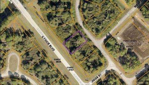This is a satellite map view showing a vacant residential lot outlined in purple — MANSFIELD CIRCLE, NORTH PORT, FL