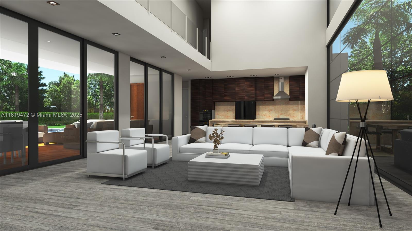 This is a rendering of a modern living room with white furniture and floor-to-ceiling windows — 5548 Canal Dr # 13, Lake Worth FL 33463, LAKE WORTH, FL