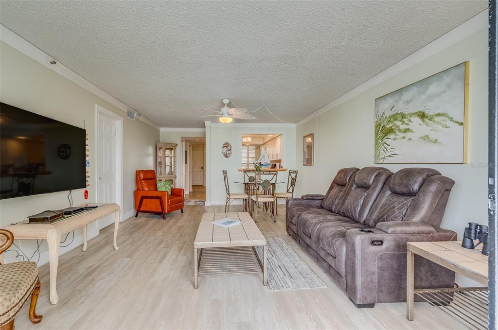 A living room features light wood flooring, a brown reclining sofa, and a television console — 17900 GULF BOULEVARD UNIT 2E, REDINGTON SHORES, FL