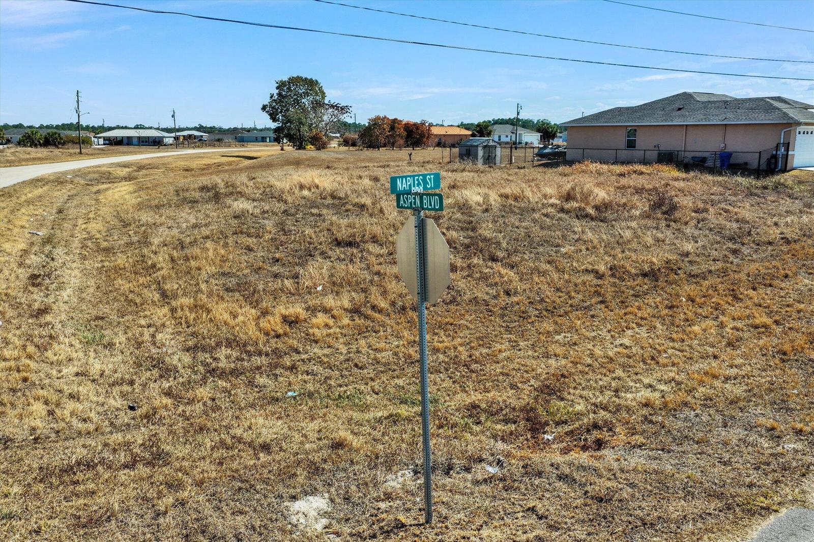 A street sign for Naples St and Aspen Blvd stands in a vacant, grassy lot — Blk 34 Naples Street, FL 33935, FL