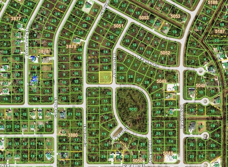 This is a satellite map view showing residential land plots and streets in a neighborhood — 7338 ATWELL TERRACE, PORT CHARLOTTE, FL