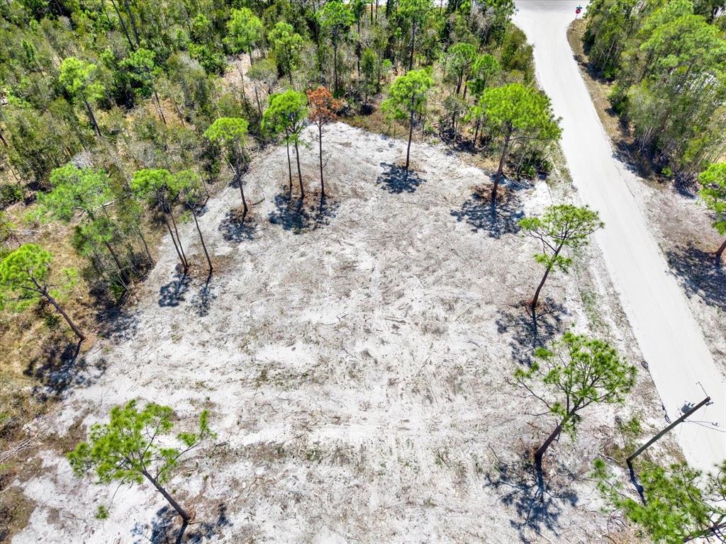 An aerial view shows a cleared, sandy residential lot with scattered pine trees beside a road — 12278 FINWICK DRIVE, PUNTA GORDA, FL