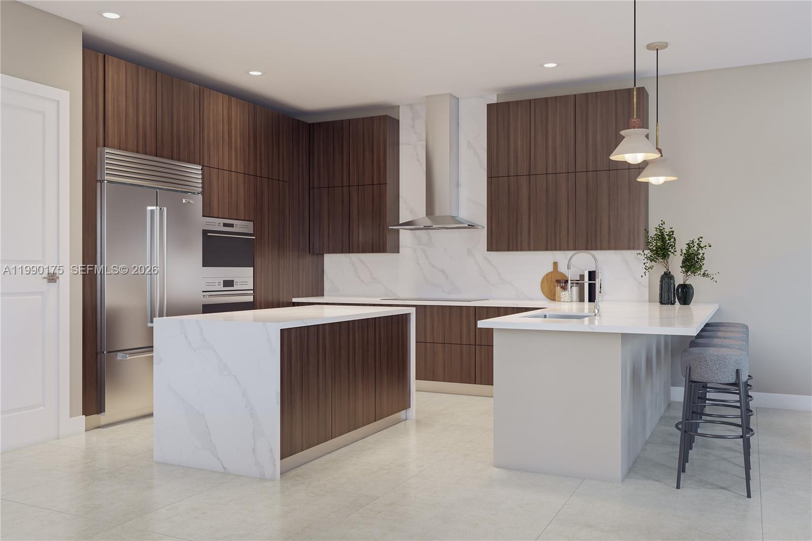 This is a rendering of a modern kitchen featuring wood cabinetry, marble countertops, and stainless appliances — 19575 NE 14 AVE, Miami FL 33179, MIAMI, FL