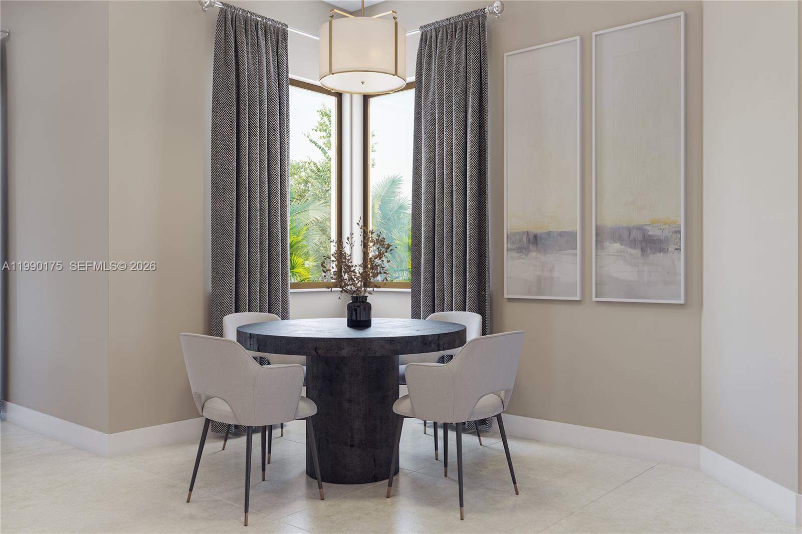 This rendering shows a dining nook with a round table, four chairs, and corner windows — 19575 NE 14 AVE, Miami FL 33179, MIAMI, FL