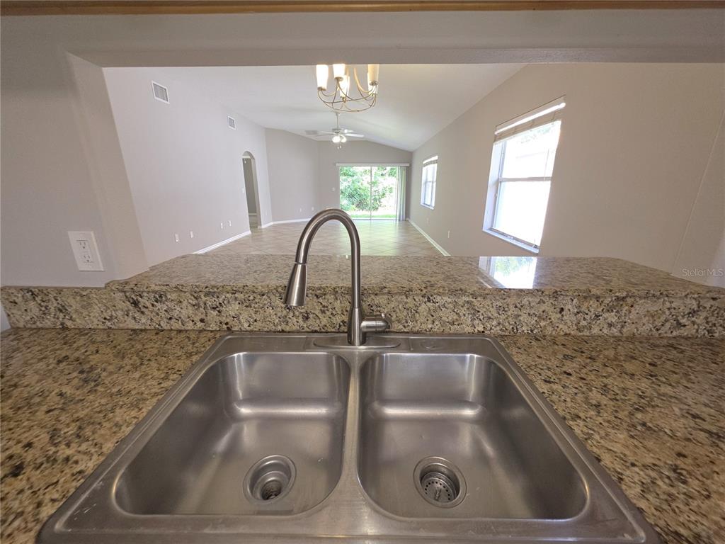 A stainless steel double-basin sink with a gooseneck faucet sits in a granite countertop — 25846 TERRAWOOD LOOP, LAND O LAKES, FL