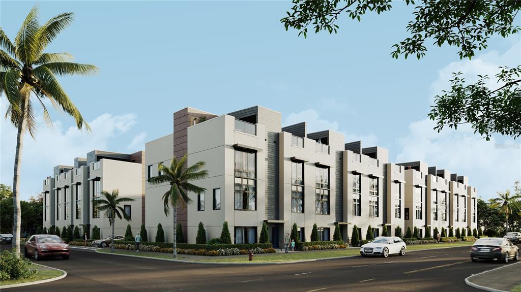 This is a digital rendering of a modern multi-unit townhouse complex with palm trees — 4723 W PRICE AVENUE UNIT 2, TAMPA, FL