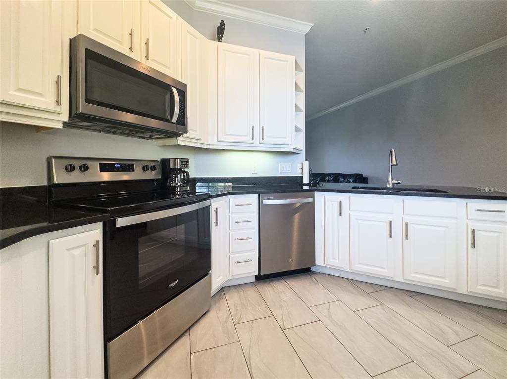 A kitchen features white cabinets, black countertops, stainless steel appliances, and light-colored tile flooring — 21012 PICASSO COURT UNIT 202, LAND O LAKES, FL