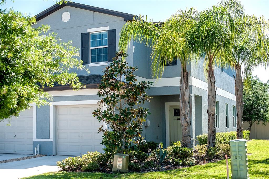 A two-story gray house with a garage, palm trees, and a front lawn — 2160 CERULEAN SKY DRIVE, LUTZ, FL