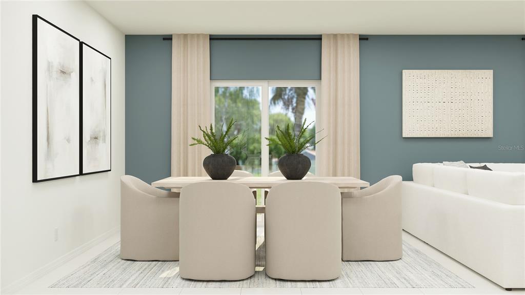 This rendering shows a dining area with a table, four chairs, and a sliding glass door — 12166 NOBLE CHASE PATH, DADE CITY, FL