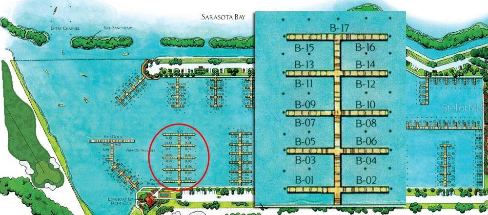 This is a map rendering showing the layout of boat slips at a marina — 2600 HARBOURSIDE DRIVE UNIT B-13, LONGBOAT KEY, FL