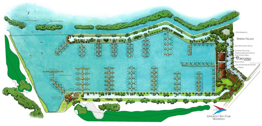 This is a site plan rendering of the Longboat Key Club Moorings marina and facilities — 2600 HARBOURSIDE DRIVE UNIT B-13, LONGBOAT KEY, FL