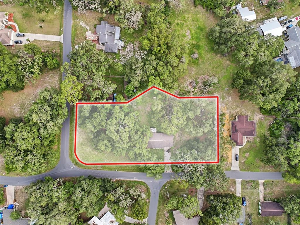An aerial view shows a house on a wooded lot outlined in red — 34696 ORCHID PARKWAY, DADE CITY, FL