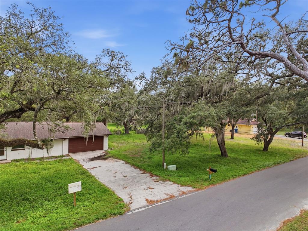 A driveway leads to a garage beside a grassy lot shaded by large oak trees — 34696 ORCHID PARKWAY, DADE CITY, FL