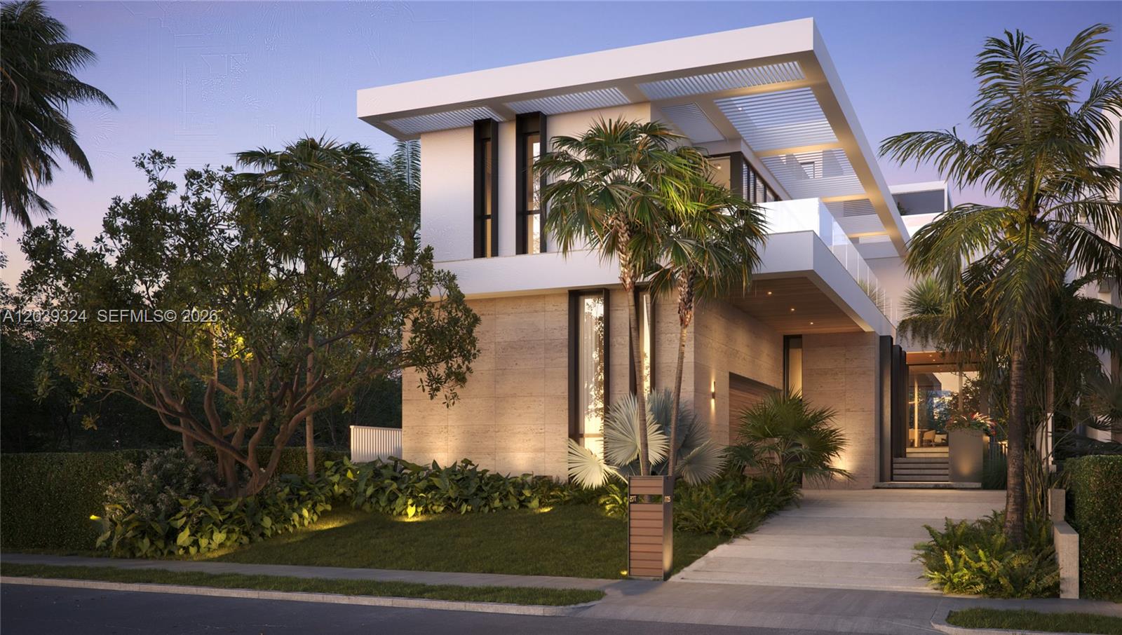 This is a digital rendering of a modern two-story house with stone cladding and palm trees — 7725 NE 8th Ave, Miami FL 33138, MIAMI, FL