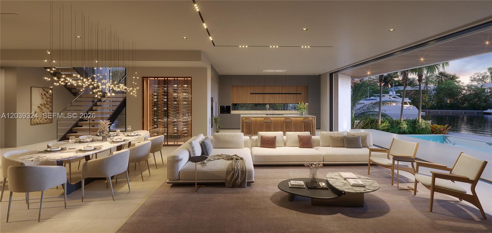 This rendering shows an open-concept living area with a dining space, kitchen, and waterfront view — 7725 NE 8th Ave, Miami FL 33138, MIAMI, FL