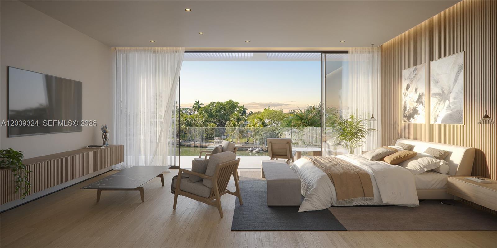 This rendering shows a modern bedroom with a balcony overlooking a canal and lush greenery — 7725 NE 8th Ave, Miami FL 33138, MIAMI, FL
