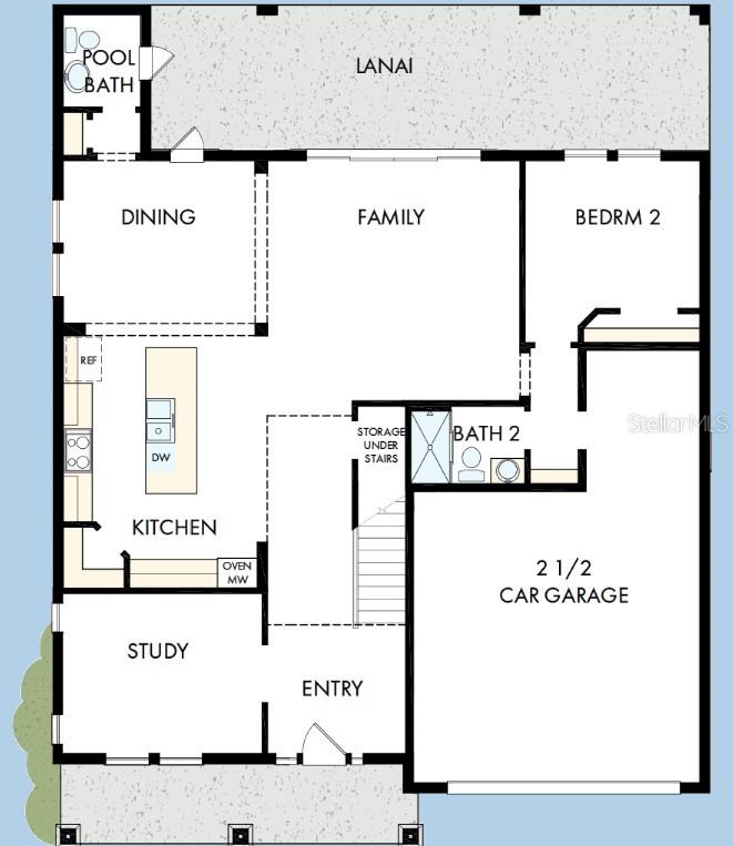 This floor plan shows a ground-level layout featuring a kitchen, family room, study, and garage — 812 W ORIENT STREET, TAMPA, FL