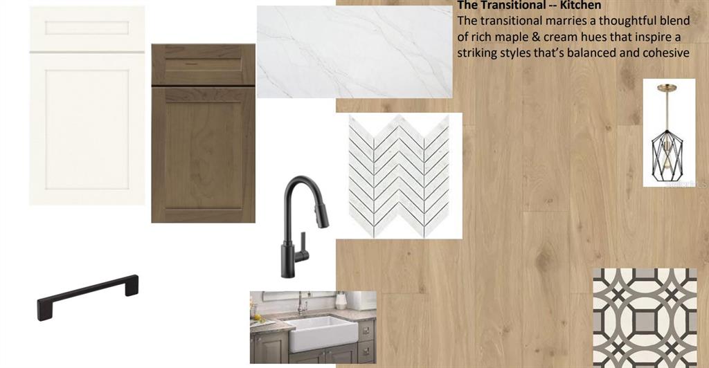This design board displays kitchen finishes including cabinetry, countertops, flooring, hardware, and lighting fixtures — 812 W ORIENT STREET, TAMPA, FL