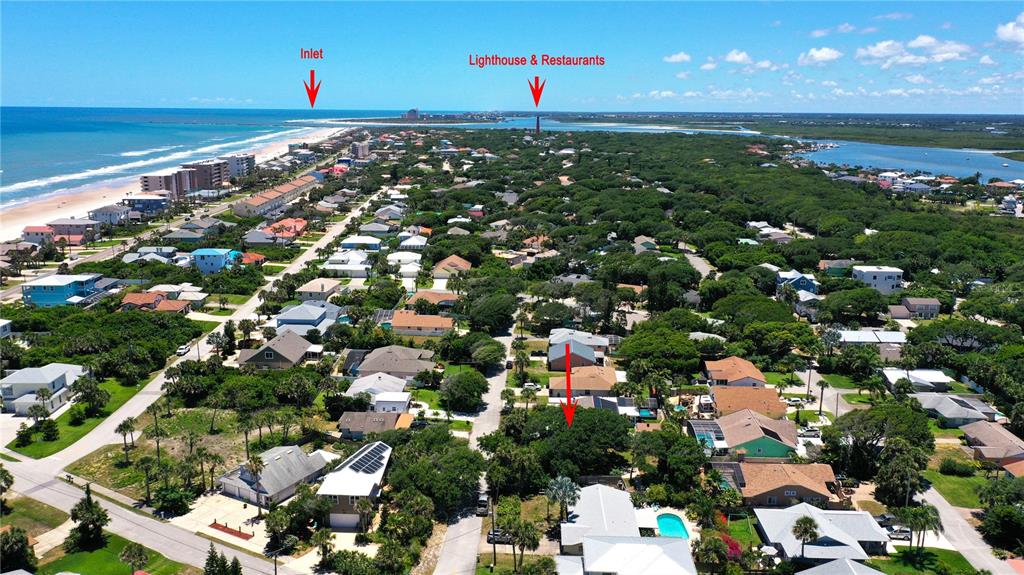 An aerial view shows a residential neighborhood with a highlighted property near the coastline — 4714 MONTROSE AVENUE, PONCE INLET, FL