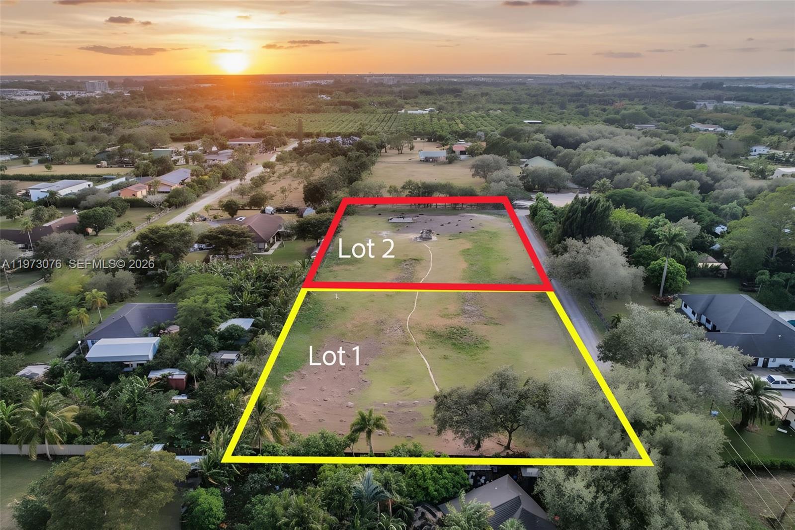 An aerial view shows two adjacent, undeveloped rectangular lots outlined in yellow and red — 25730 SW 153 CT, Unincorporated Dade County FL 33032, UNINCORPORATED DADE COUNTY, FL