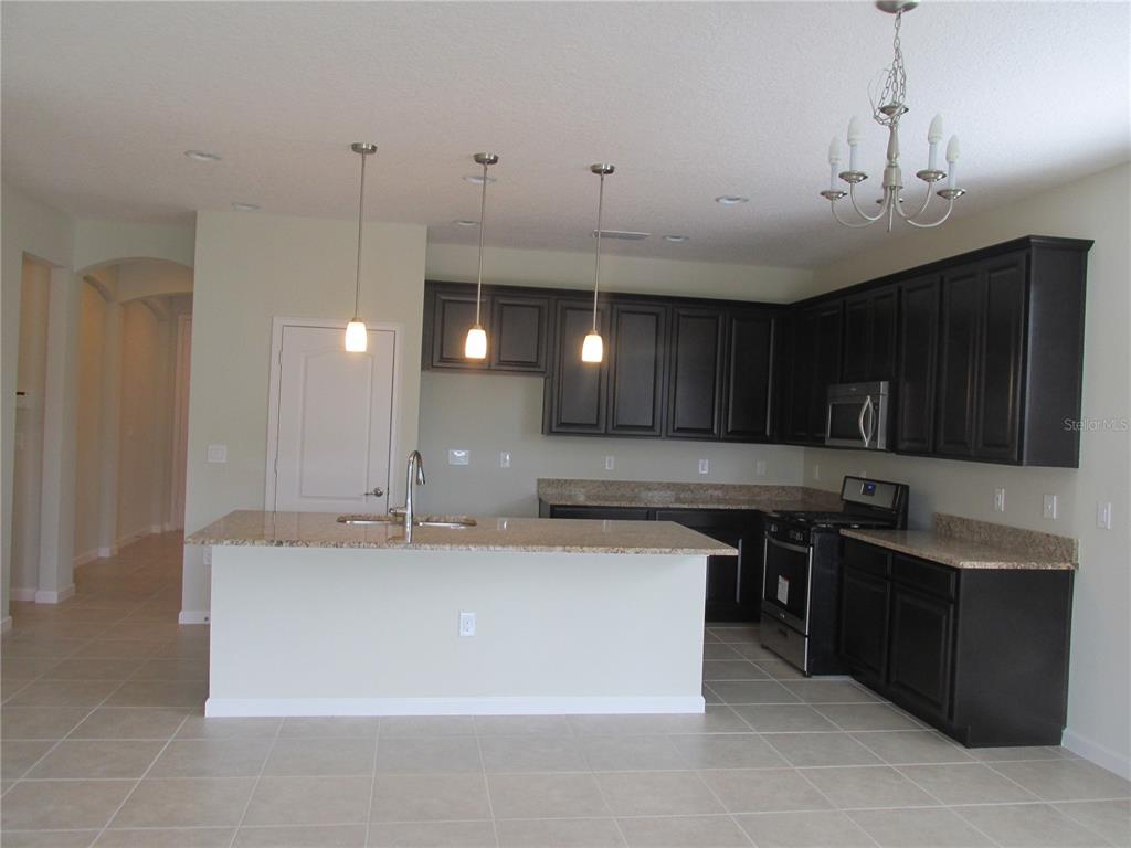 A kitchen features dark wood cabinets, granite countertops, a center island, and tile flooring — 2404 SABASTIAN STREET, MOUNT DORA, FL