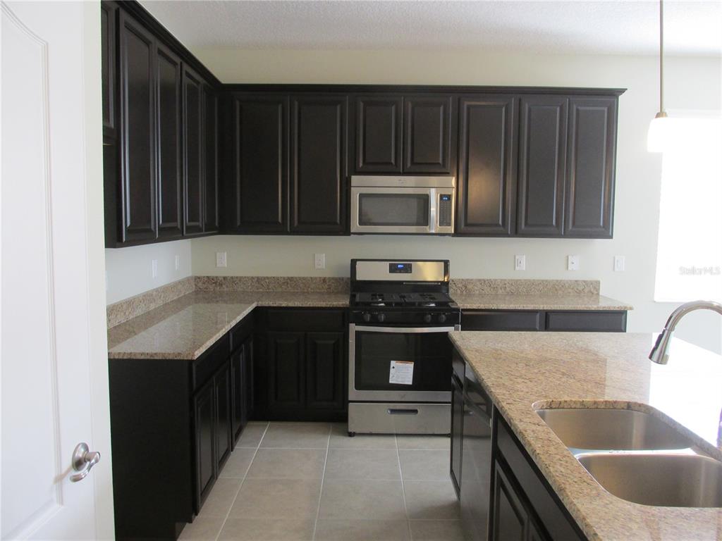 A kitchen features dark wood cabinets, granite countertops, and stainless steel appliances — 2404 SABASTIAN STREET, MOUNT DORA, FL
