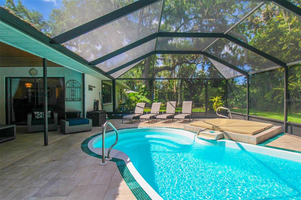 A screened-in patio features a swimming pool, a hot tub, and lounge chairs — 6029 22ND AVENUE CIRCLE E, PALMETTO, FL