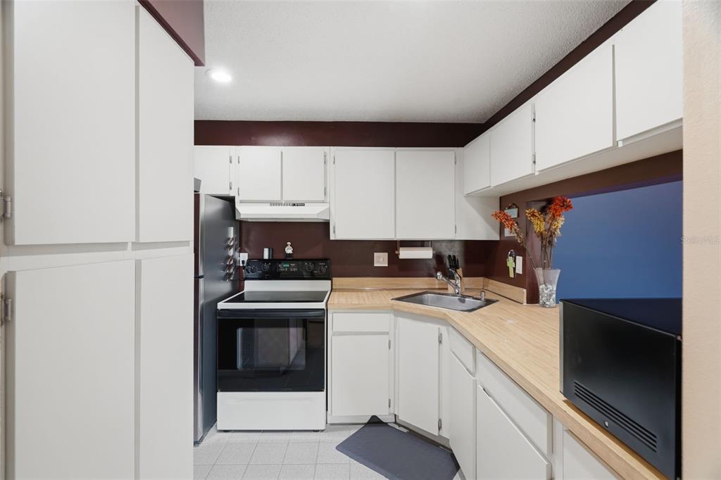 A kitchen features white cabinets, dark brown walls, light wood countertops, and a stainless stove — 1182 PINE RIDGE CIRCLE W UNIT A3, TARPON SPRINGS, FL