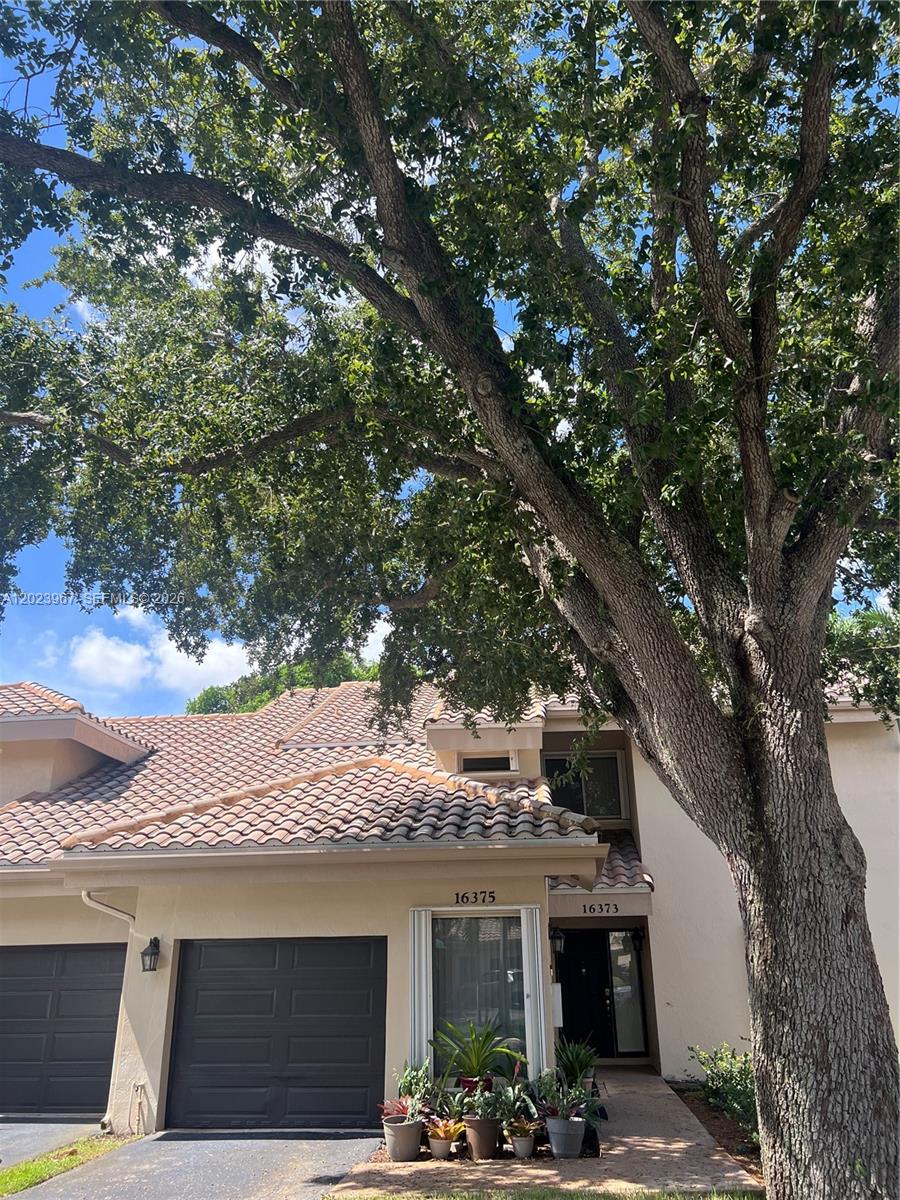 A two-story townhouse with a tile roof, garage, and a large tree in front — 16373 Malibu Dr # 51, Weston FL 33326, WESTON, FL
