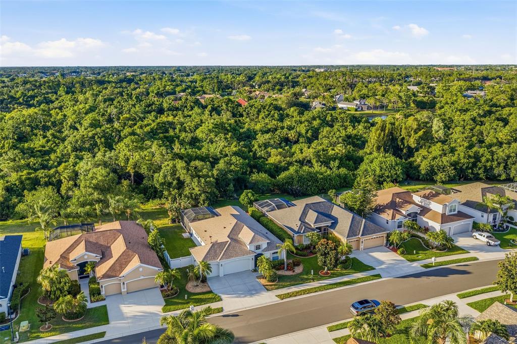 An aerial view shows several suburban houses with tiled roofs and driveways bordering a dense forest — 6631 63RD TERRACE E, BRADENTON, FL