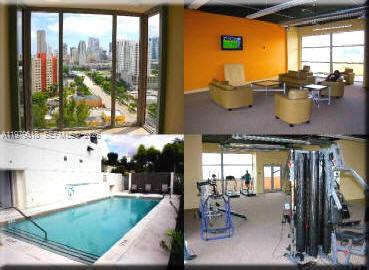 This collage shows a city view, a lounge, a swimming pool, and a fitness center — 36 NW 6th Ave # 801, Miami FL 33128, MIAMI, FL