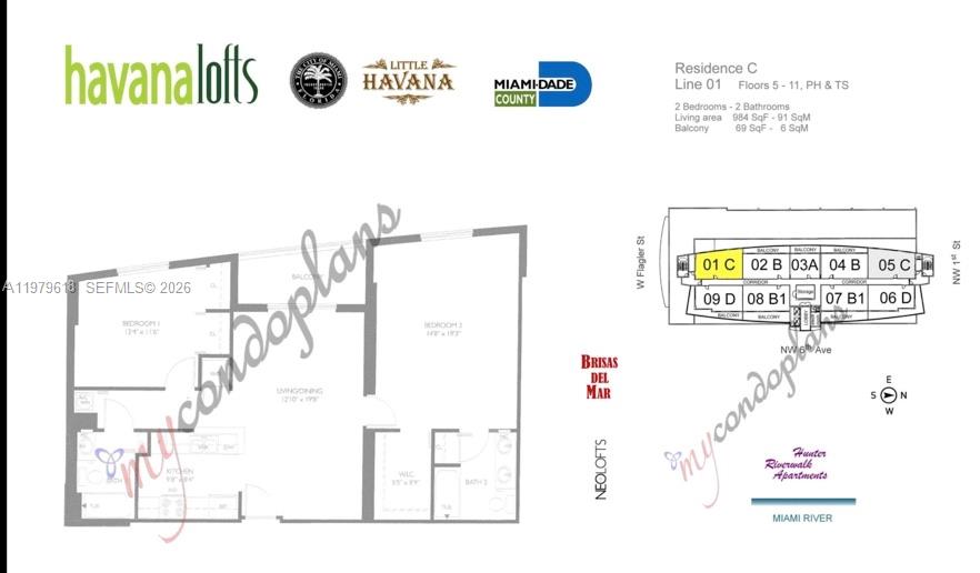 This is a floor plan for a two-bedroom, two-bathroom residential unit — 36 NW 6th Ave # 801, Miami FL 33128, MIAMI, FL