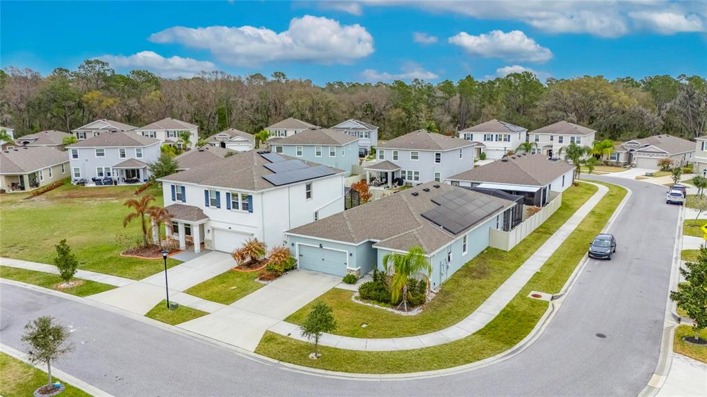 An aerial view shows suburban houses with solar panels and driveways in a residential neighborhood — 33146 SAND CREEK DRIVE, WESLEY CHAPEL, FL