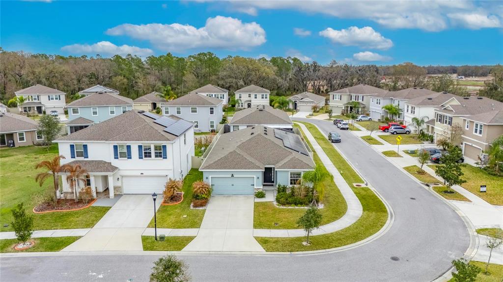 An aerial view shows a suburban neighborhood with multiple single-family homes and paved streets — 33146 SAND CREEK DRIVE, WESLEY CHAPEL, FL
