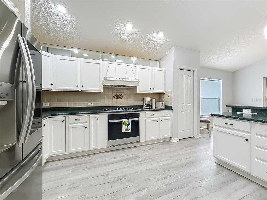 A kitchen features white cabinets, dark countertops, stainless steel appliances, and light wood-look flooring — 1738 AUGUSTINE DRIVE, THE VILLAGES, FL