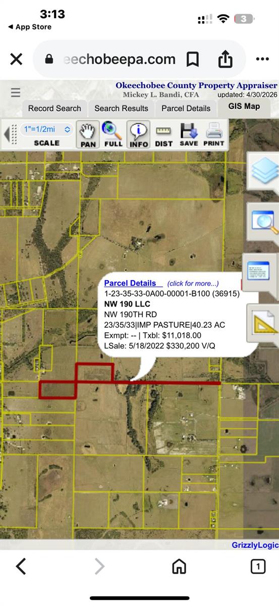This is a digital map showing a highlighted parcel of land in Okeechobee County — 0 NW 190th, Okeechobee FL 34972, OKEECHOBEE, FL