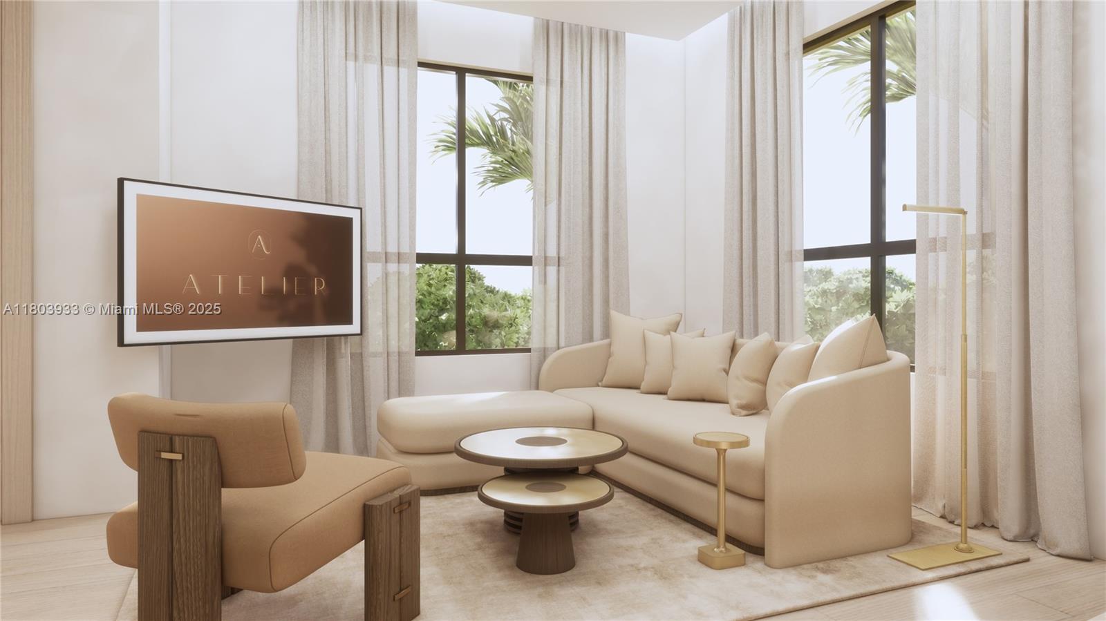 This rendering shows a modern living room with a beige sectional, accent chair, and coffee table — 1265 SW 22nd St # 2, Miami FL 33145, MIAMI, FL