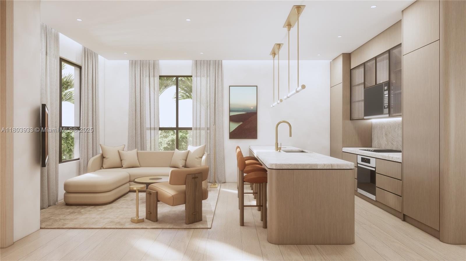 This rendering shows an open-concept living room and kitchen with light wood cabinetry and furniture — 1265 SW 22nd St # 2, Miami FL 33145, MIAMI, FL
