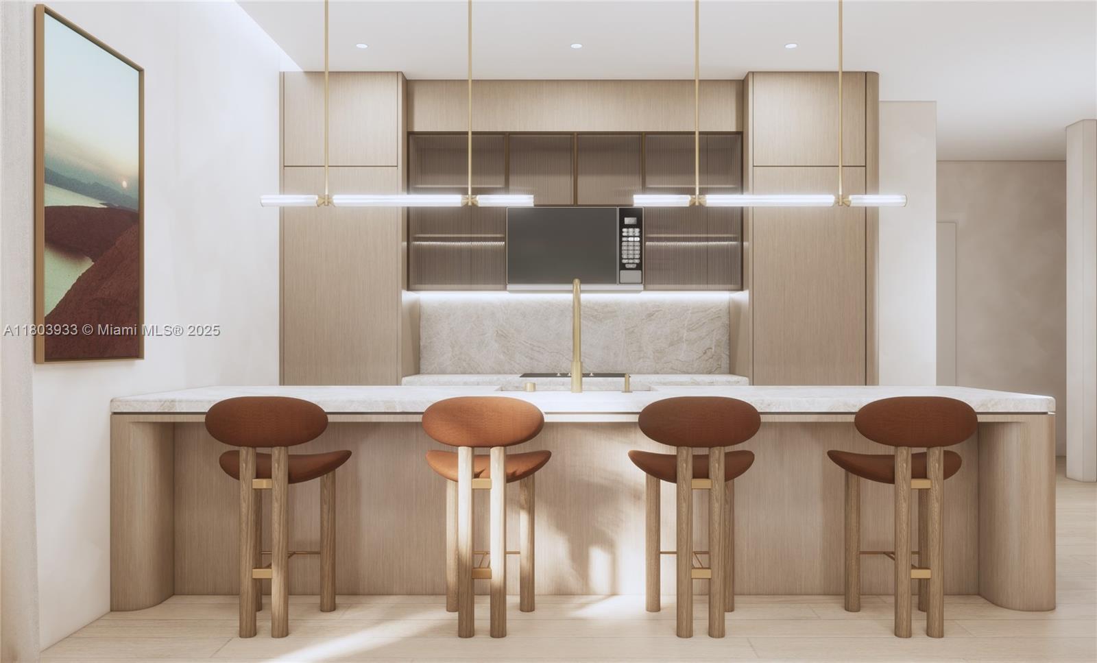This rendering shows a modern kitchen with light wood cabinetry, a marble island, and barstools — 1265 SW 22nd St # 2, Miami FL 33145, MIAMI, FL