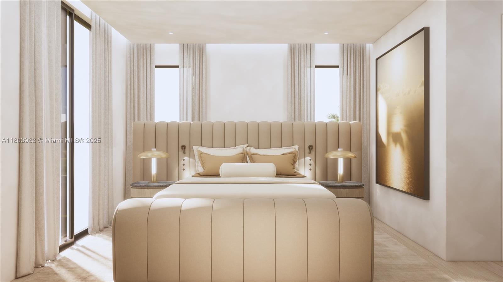 This rendering shows a modern bedroom featuring a large, upholstered channel-tufted bed and headboard — 1265 SW 22nd St # 2, Miami FL 33145, MIAMI, FL