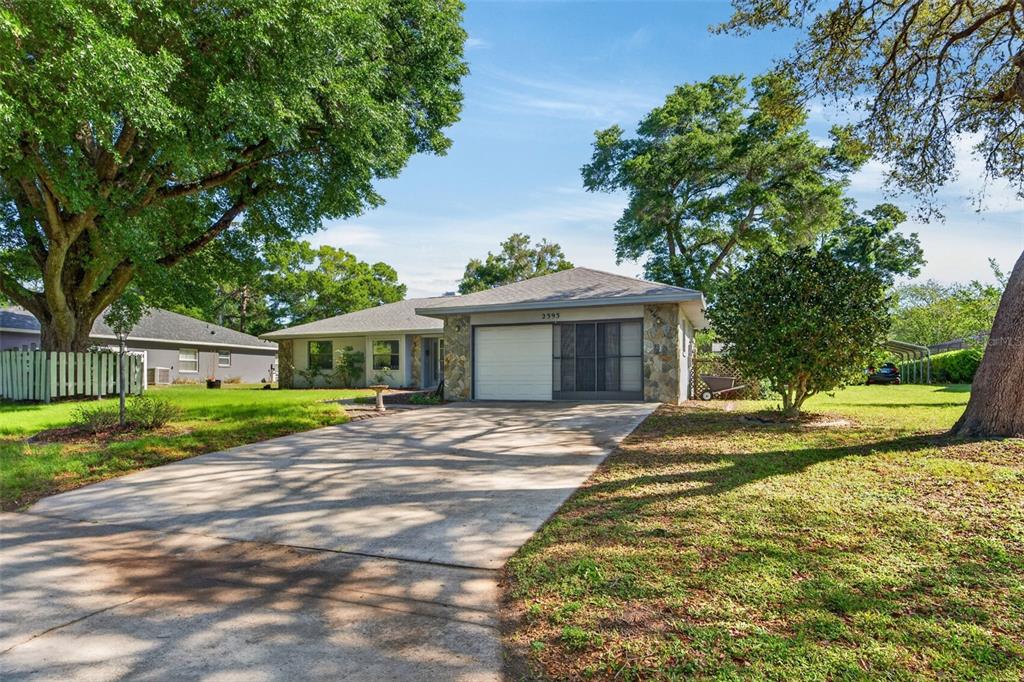 A single-story house with a concrete driveway, stone accents, and a large tree in front — 2393 W FAIRWAY LOOP, CITRUS SPRINGS, FL