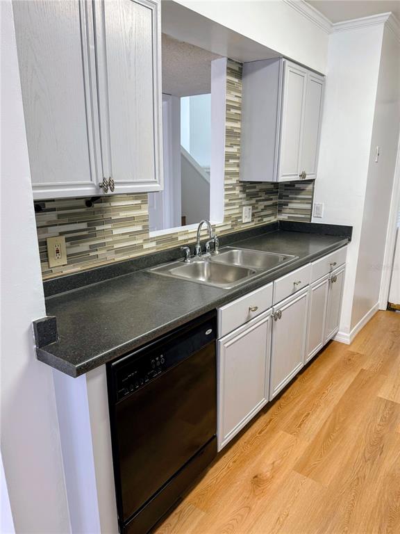 A kitchen features light gray cabinets, a dark countertop, a double sink, and a dishwasher — 4424 DUNWOODY PLACE UNIT 13, ORLANDO, FL