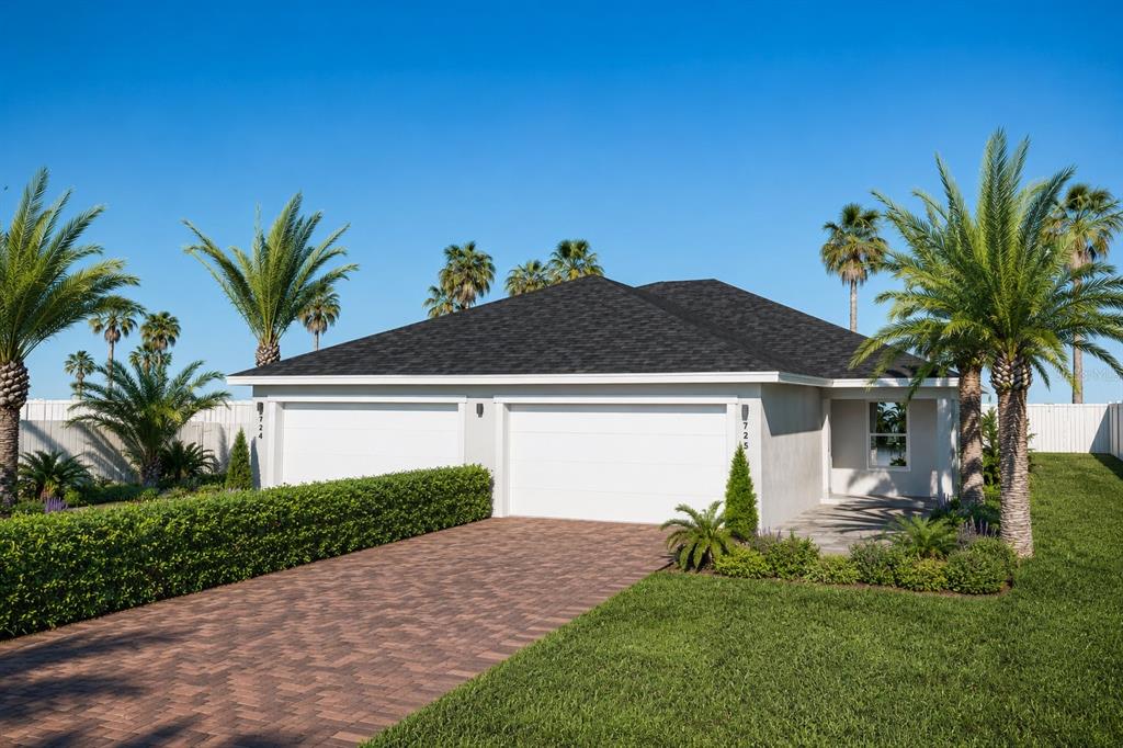 A single-story duplex with two white garage doors, a brick driveway, and palm trees outside — 5204/5206 27TH ST SW, LEHIGH ACRES, FL