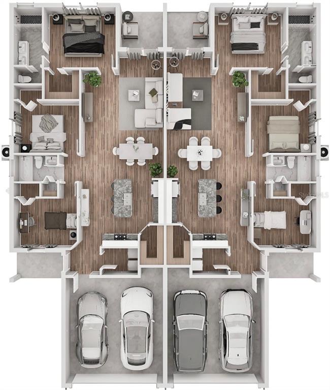 This is a 3D floor plan rendering of two side-by-side residential units with attached garages — 5204/5206 27TH ST SW, LEHIGH ACRES, FL