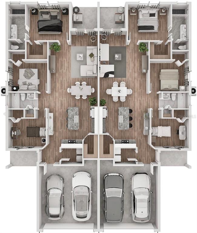 This floor plan shows two mirrored residential units, each featuring a garage, kitchen, and bedrooms — 5204/5206 27TH ST SW, LEHIGH ACRES, FL