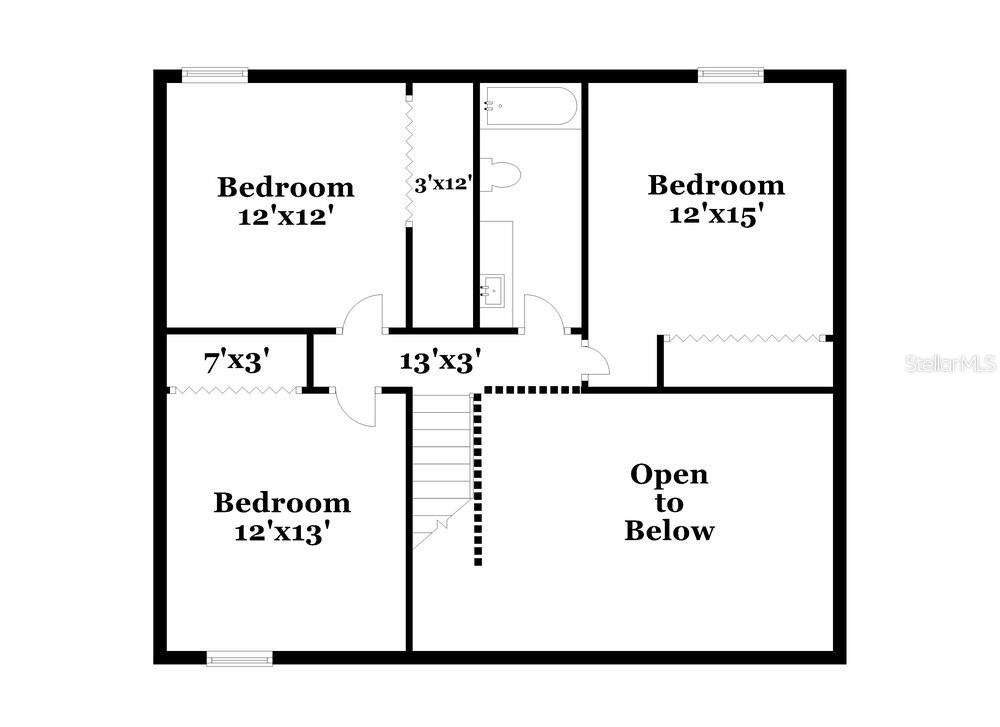 This is a floor plan of a house's upper level featuring three bedrooms and a bathroom — 18034 BIRDWATER DRIVE, TAMPA, FL