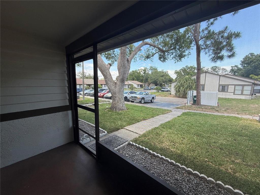 A view from a screened-in porch looking out onto a grassy yard and parking area — 2130 BANCROFT PLACE UNIT B, PALM HARBOR, FL